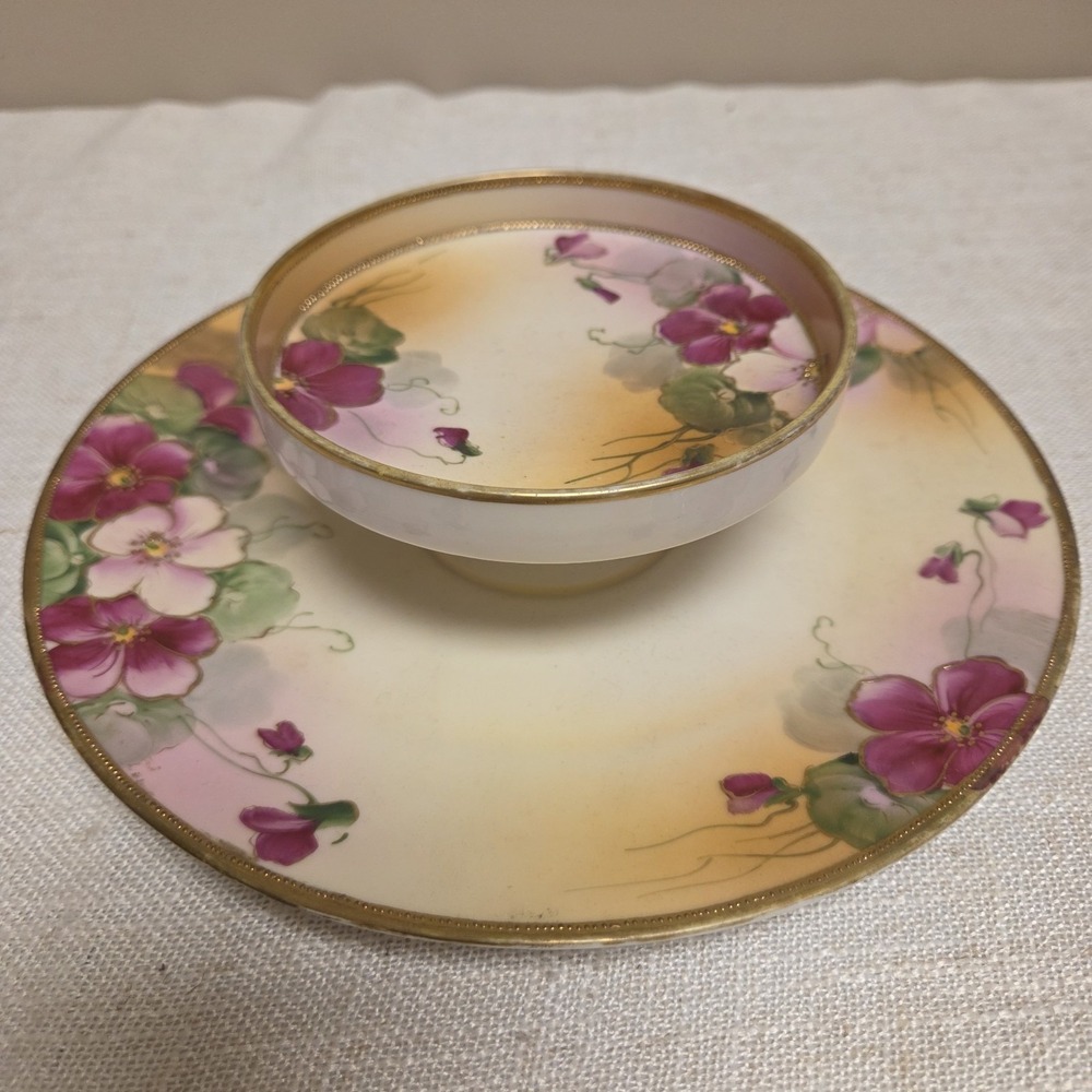 Antique 9"Round 2 Tier Morimura Gumi Hand Painted/Gold Trim Serving Plate-Japan